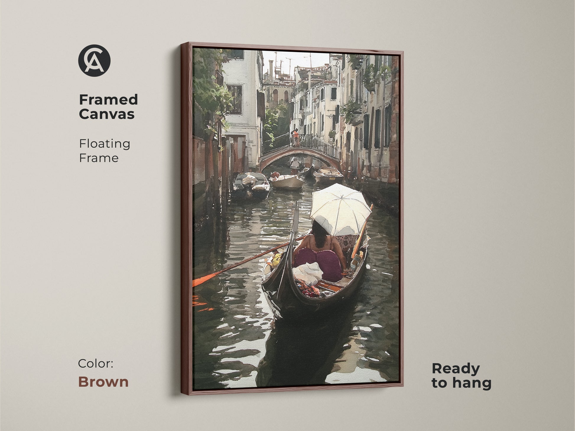 Framed canvas of a Venice canal watercolor art print. This Italian cityscape wall art boasts a floating brown frame and is ready to hang. The teal and brown artwork presents a gondola boat scene ideal for adding an artistic home accent.