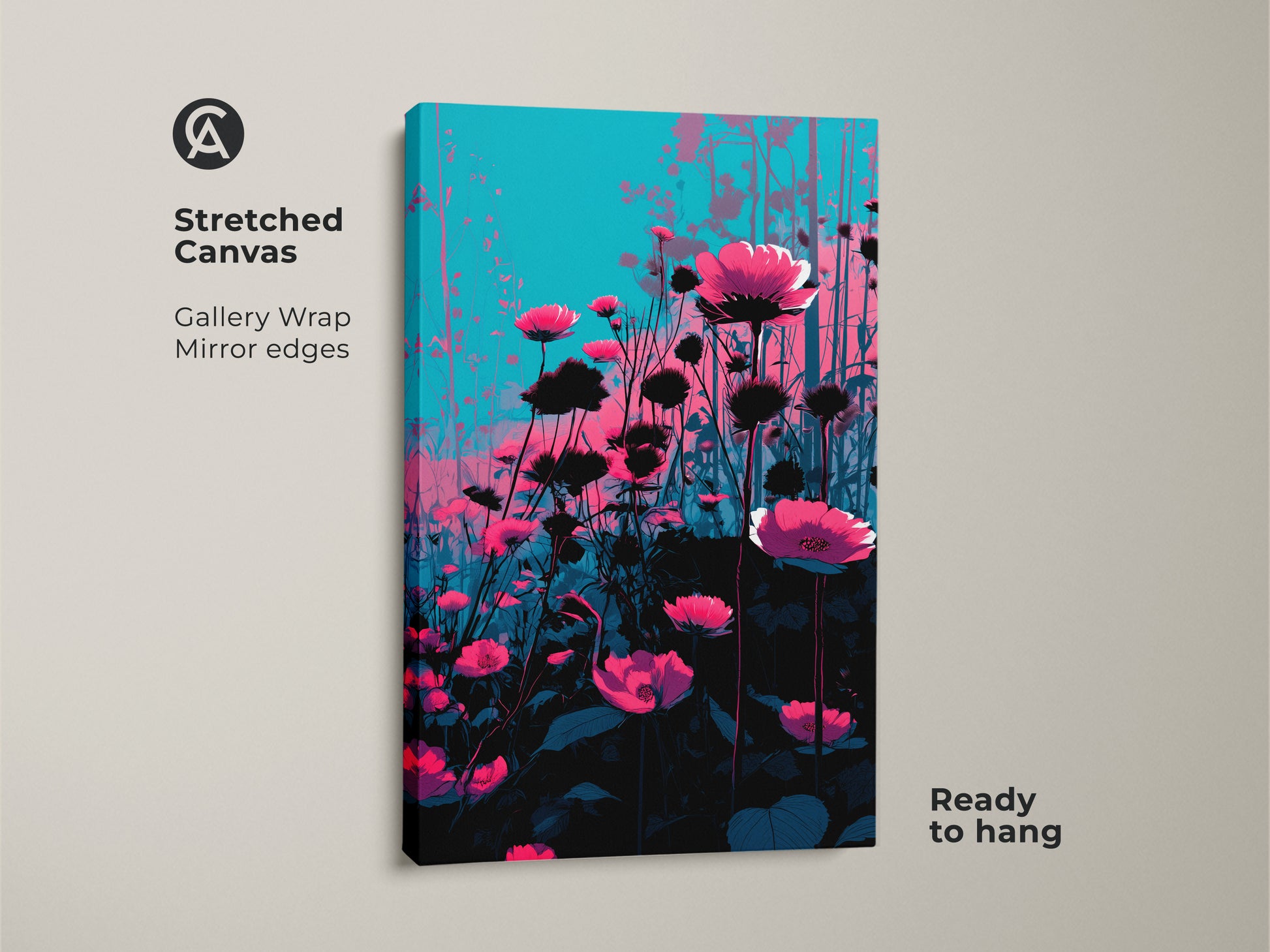 Stretched canvas print shows magenta poppies and teal wildflowers. The gallery wrap with mirror edges offers a sleek look. This modern botanical artwork is ready to hang. It adds contemporary flair and natural beauty to any space. Great housewarming gift.