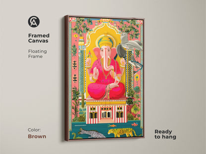A framed Ganesha canvas shows a floating brown frame adding warmth. This Ganesha art is perfect for an entryway. This spiritual gift for her brings cultural charm. The vibrant painting adds a divine and eclectic touch. It is a unique religious wall art piece.
