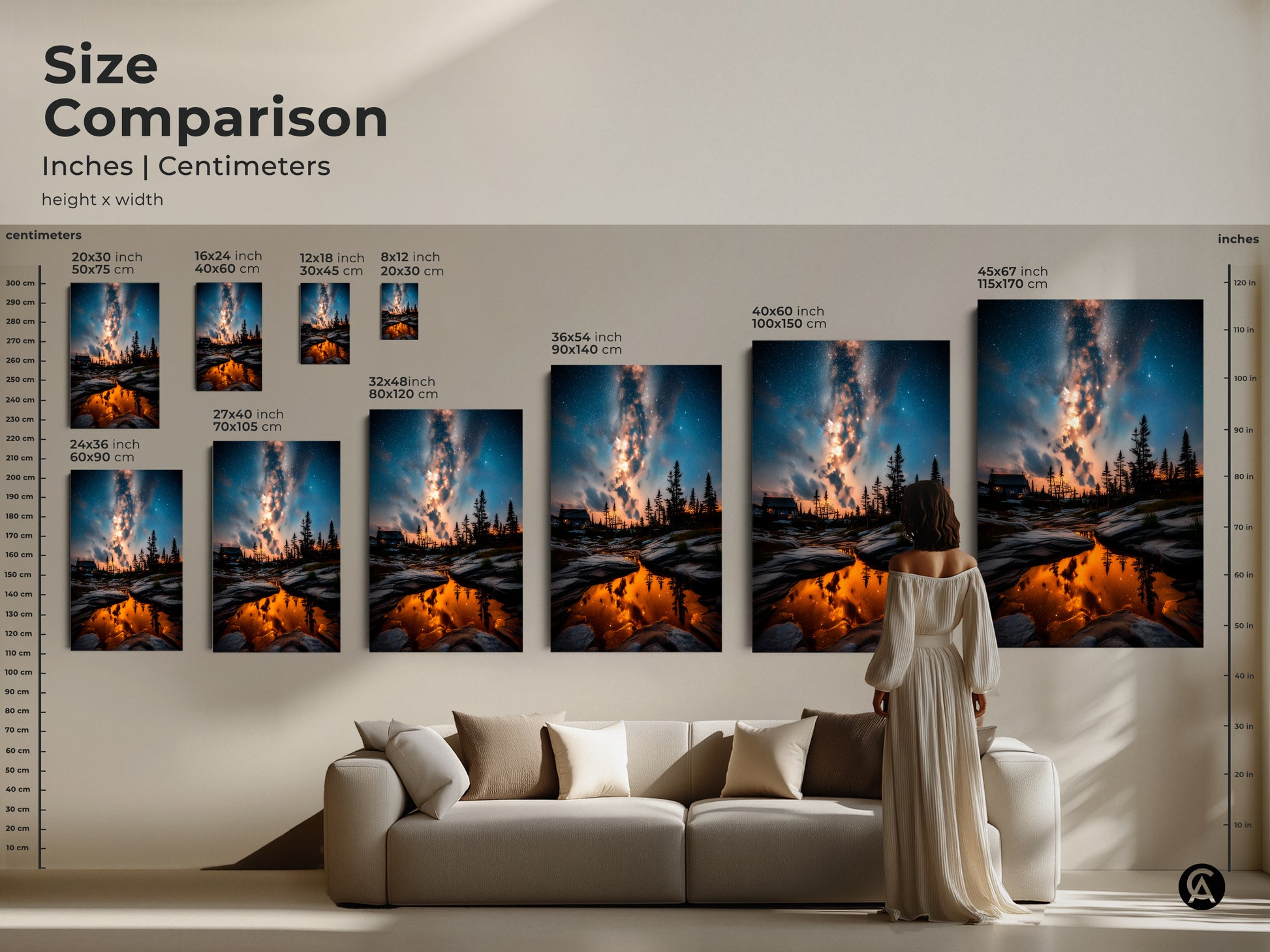 Size comparison showcasing various sizes of the Milky Way canvas print. See how the space landscape painting fits above a sofa. The modern living room canvas provides a sense of scale for choosing the right artwork.