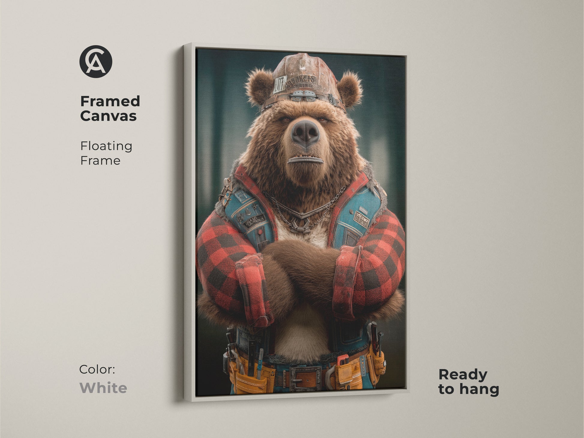 Framed Canvas Industrial Bear artwork with a White Frame This is a digital animal artwork print featuring a bear dressed as a construction worker. It's a great rustic piece for a man cave or home office and ready to hang in a white floating frame.