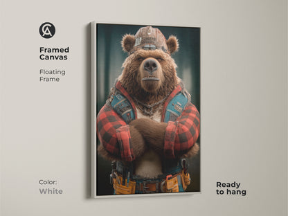 Framed Canvas Industrial Bear artwork with a White Frame This is a digital animal artwork print featuring a bear dressed as a construction worker. It's a great rustic piece for a man cave or home office and ready to hang in a white floating frame.