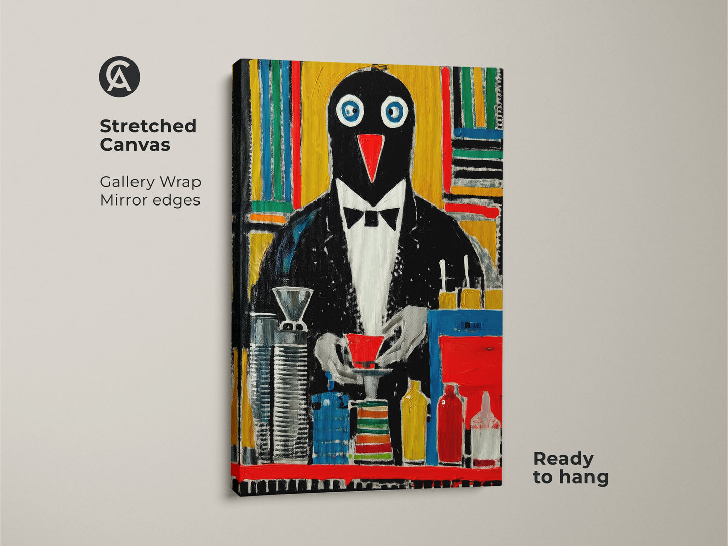 Stretched Canvas print featuring an abstract penguin. The tuxedo bird wall art will be ready to hang. This colorful bird artwork is a unique animal wall decor gift.