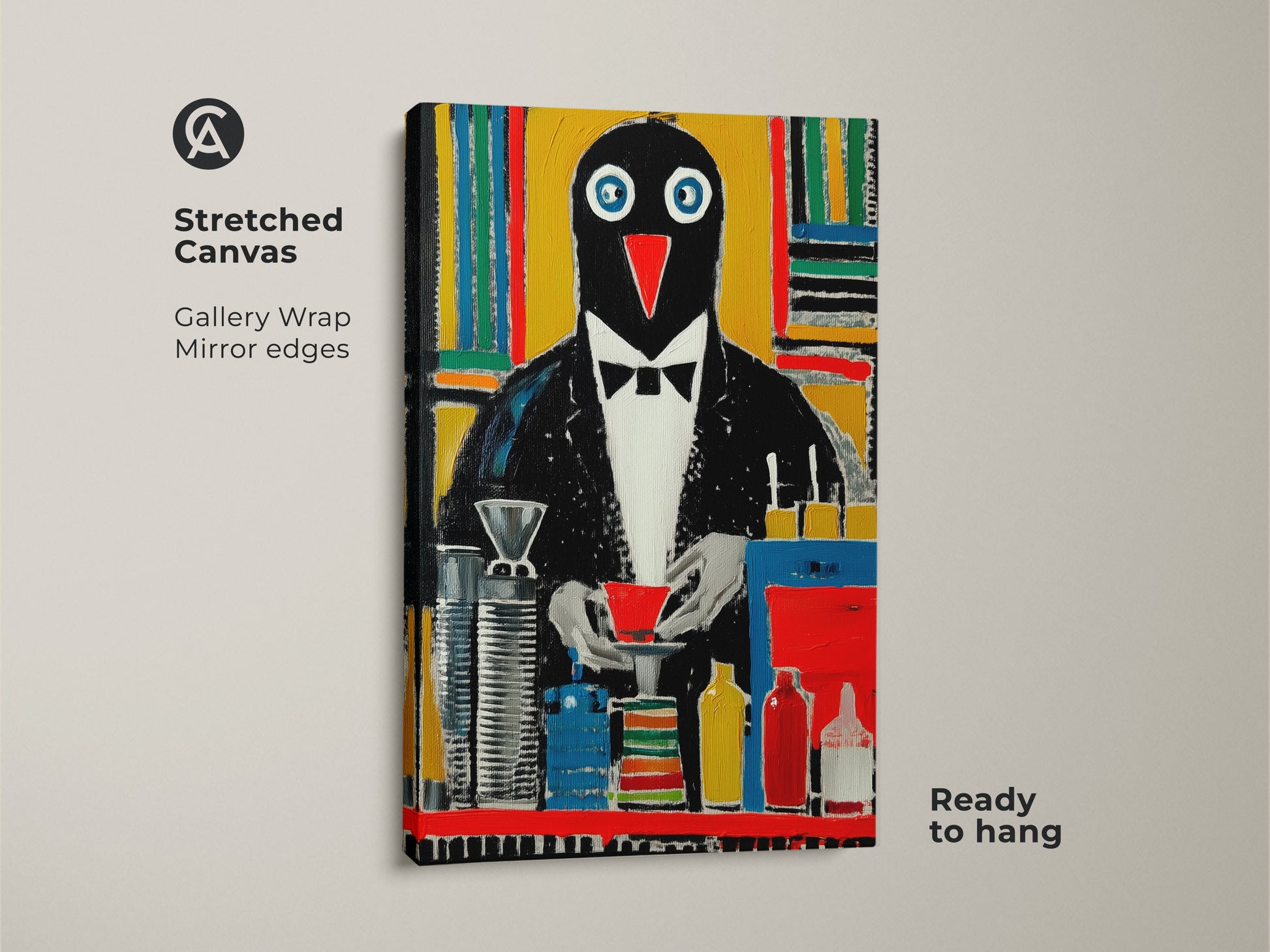 Stretched Canvas print featuring an abstract penguin. The tuxedo bird wall art will be ready to hang. This colorful bird artwork is a unique animal wall decor gift.