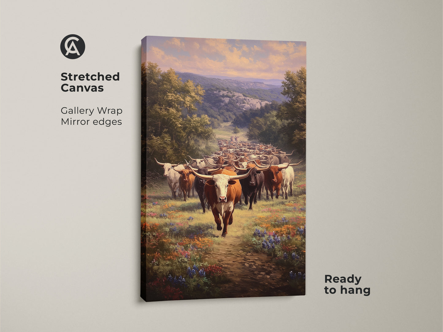 Stretched canvas print of longhorn cattle. The western landscape canvas showcases a wildflower field art print. Ideal farmhouse wall decor for a rustic touch. Ready to hang with gallery wrapped mirror edges.