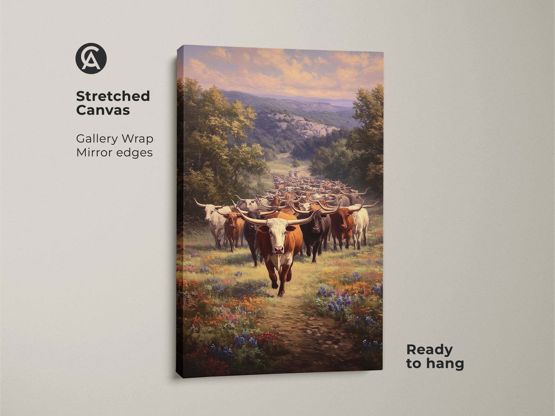 Stretched canvas print of longhorn cattle. The western landscape canvas showcases a wildflower field art print. Ideal farmhouse wall decor for a rustic touch. Ready to hang with gallery wrapped mirror edges.