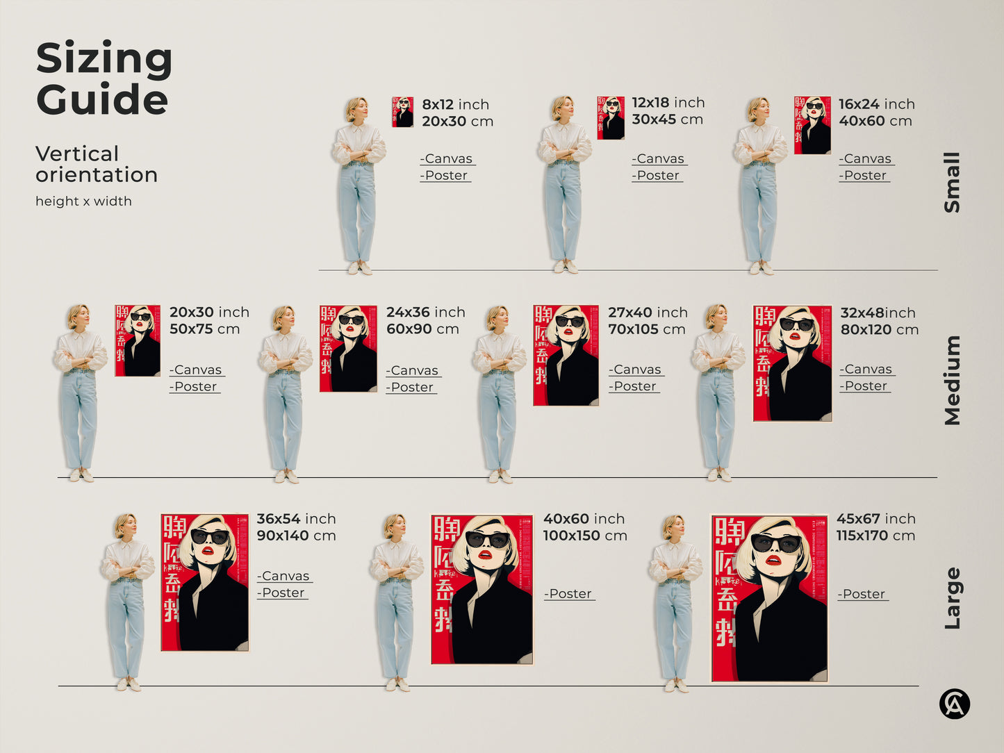 Sizing guide showcasing the pop art woman canvas in various vertical orientations. Visualize different sizes for this retro fashion portrait. Perfect for planning your contemporary home decor.