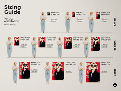 Sizing guide showcasing the pop art woman canvas in various vertical orientations. Visualize different sizes for this retro fashion portrait. Perfect for planning your contemporary home decor.