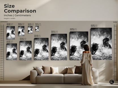 Size comparison inches centimeters helps visualize artwork dimensions. Cowboy bull riding art is available in multiple sizes. Transform your living space with the perfect monochrome art. Find the ideal fit for your home decor.