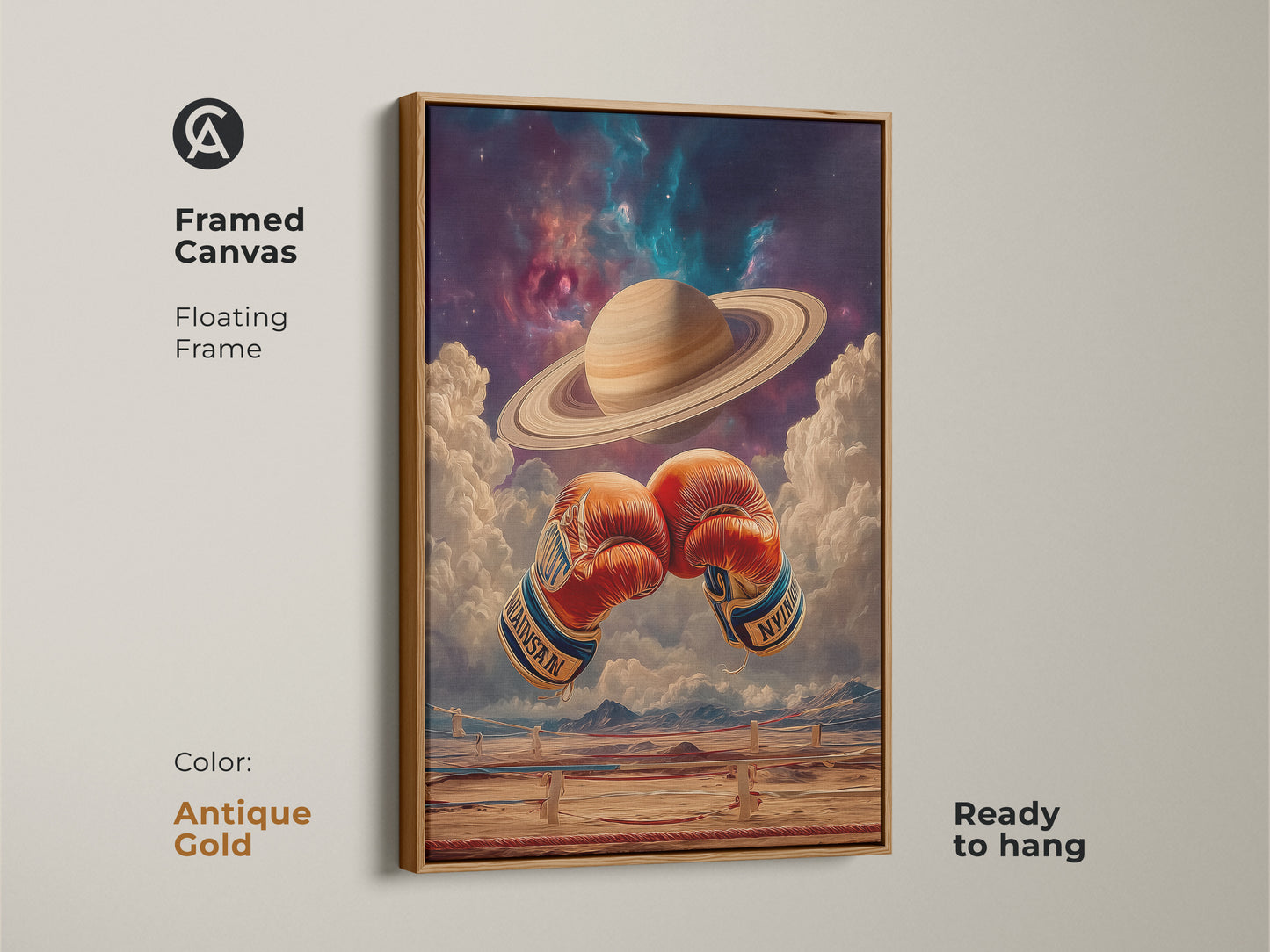 Antique Gold framed canvas. The art has cosmic boxing gloves. Saturn shines above. This surreal artwork is ready to hang. Ideal for an office. Unique boxing artwork for a man cave. A standout piece for any sci-fi enthusiast.