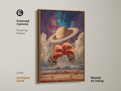 Antique Gold framed canvas. The art has cosmic boxing gloves. Saturn shines above. This surreal artwork is ready to hang. Ideal for an office. Unique boxing artwork for a man cave. A standout piece for any sci-fi enthusiast.