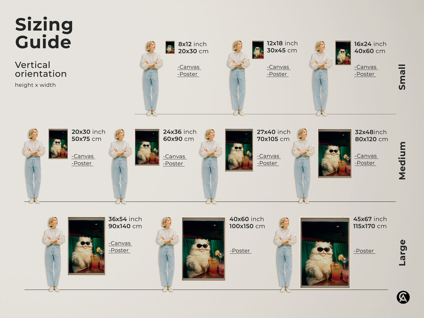Sizing guide for vertical art featuring a cool cat in sunglasses. Visualize how different sizes of canvas and poster prints fit in your space. Find the perfect dimensions to showcase this unique artwork in your home.