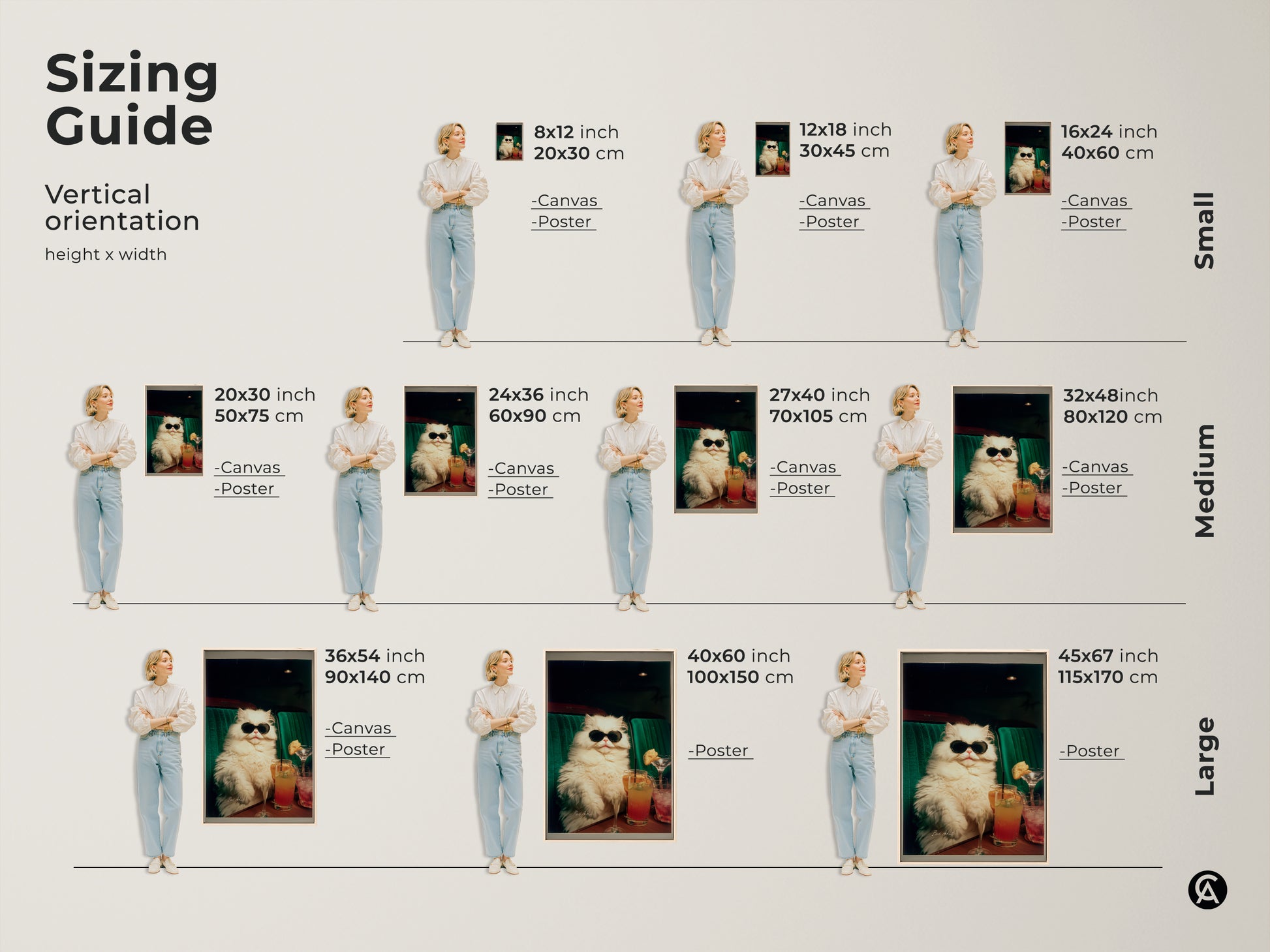 Sizing guide for vertical art featuring a cool cat in sunglasses. Visualize how different sizes of canvas and poster prints fit in your space. Find the perfect dimensions to showcase this unique artwork in your home.