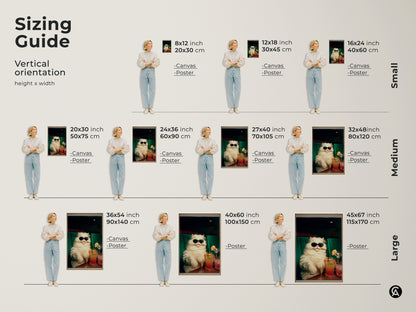 Sizing guide for vertical art featuring a cool cat in sunglasses. Visualize how different sizes of canvas and poster prints fit in your space. Find the perfect dimensions to showcase this unique artwork in your home.