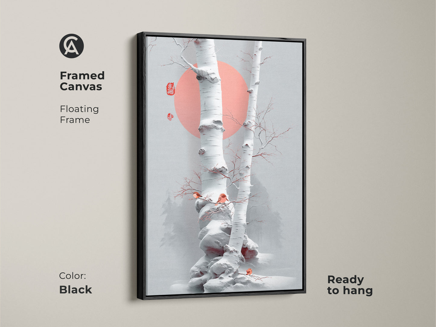 Black framed canvas showing minimalist birch tree artwork. Scandinavian winter birds complement the Japanese ink nature art. The floating frame enhances the coral sun wall decor. This fine art nature print is ready to hang.