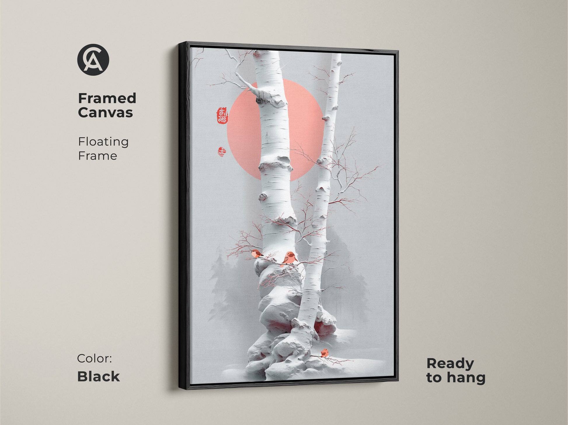 Black framed canvas showing minimalist birch tree artwork. Scandinavian winter birds complement the Japanese ink nature art. The floating frame enhances the coral sun wall decor. This fine art nature print is ready to hang.
