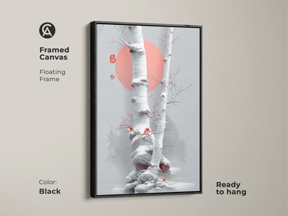 Black framed canvas showing minimalist birch tree artwork. Scandinavian winter birds complement the Japanese ink nature art. The floating frame enhances the coral sun wall decor. This fine art nature print is ready to hang.