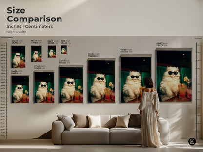 Size comparison of the cool cat art print in various dimensions. See how the artwork scales in inches and centimeters. Visualize the impact of different sizes on your wall space. Featuring a cat wearing sunglasses with cocktails.