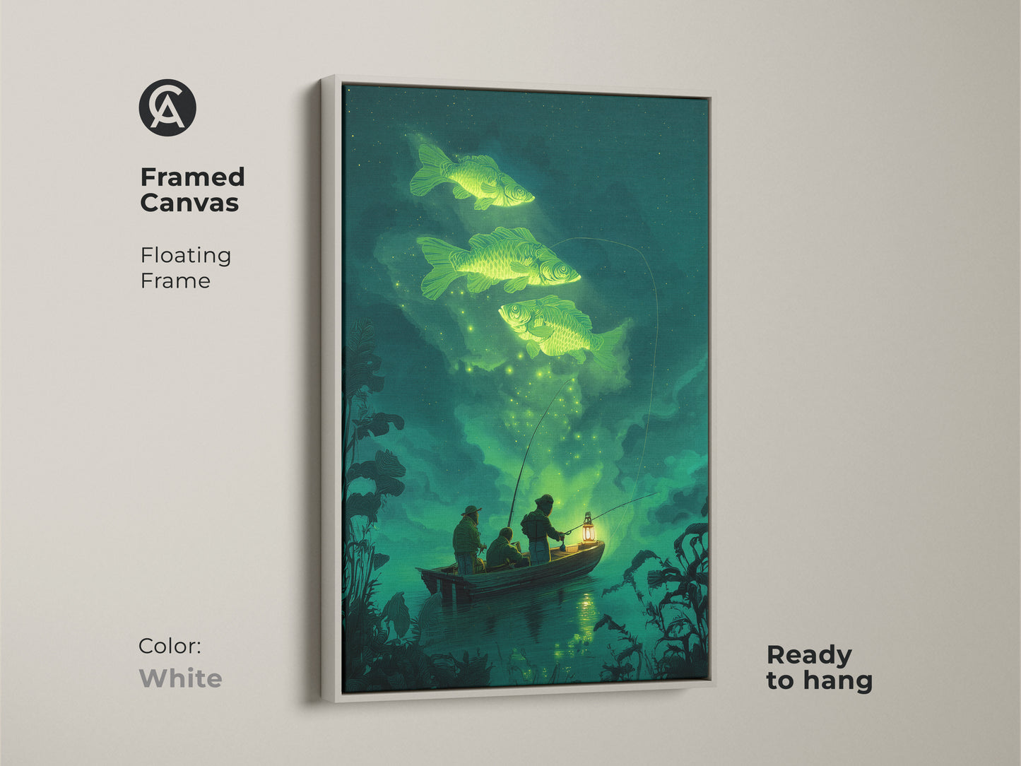 Framed canvas with a white floating frame. The surreal fishing art is ready to hang. This fantasy nature canvas art shows fishermen in a rowboat under a starry sky. Glowing carp swim above. The unique angler wall decor enhances any space.