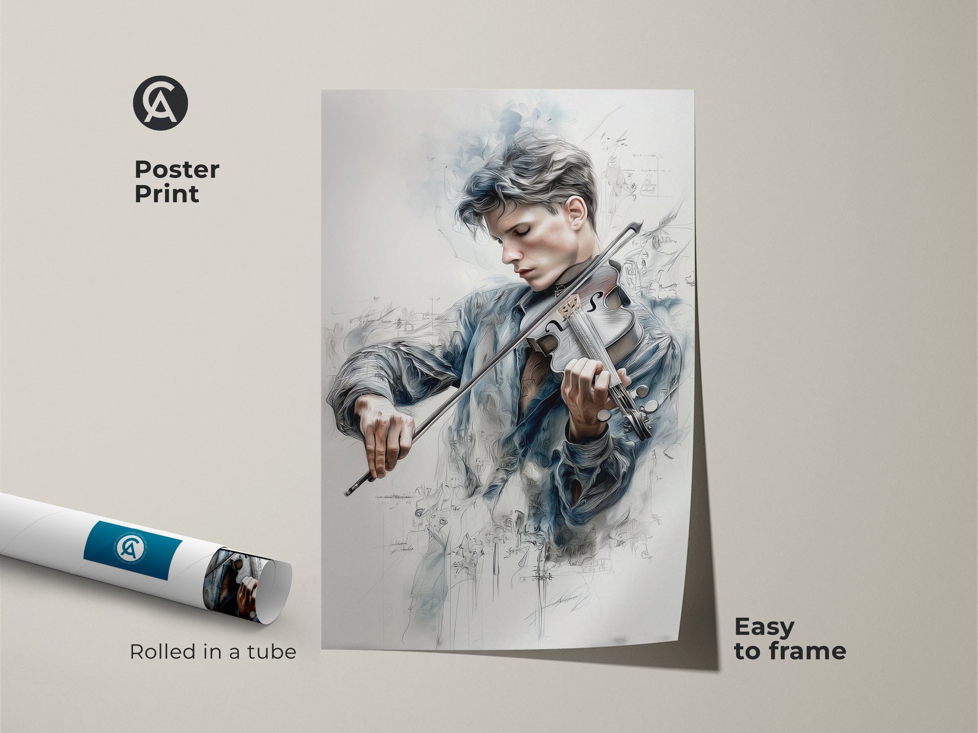 Poster print art of a young man playing the violin. The artwork shows a musician in action with abstract musical notes. This poster is easy to frame. It will bring a touch of musical inspiration to your home decor.