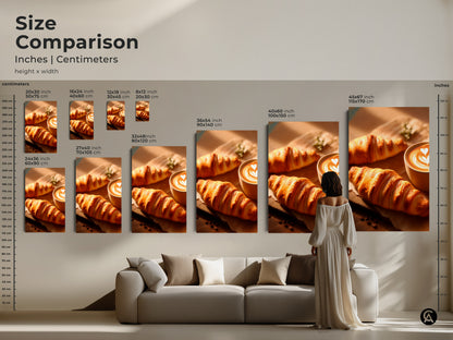 Size Comparison for croissant and latte art print in inches and centimeters. See how different sizes fit above a sofa. Choose canvas or poster for your perfect modern breakfast wall decor needs.