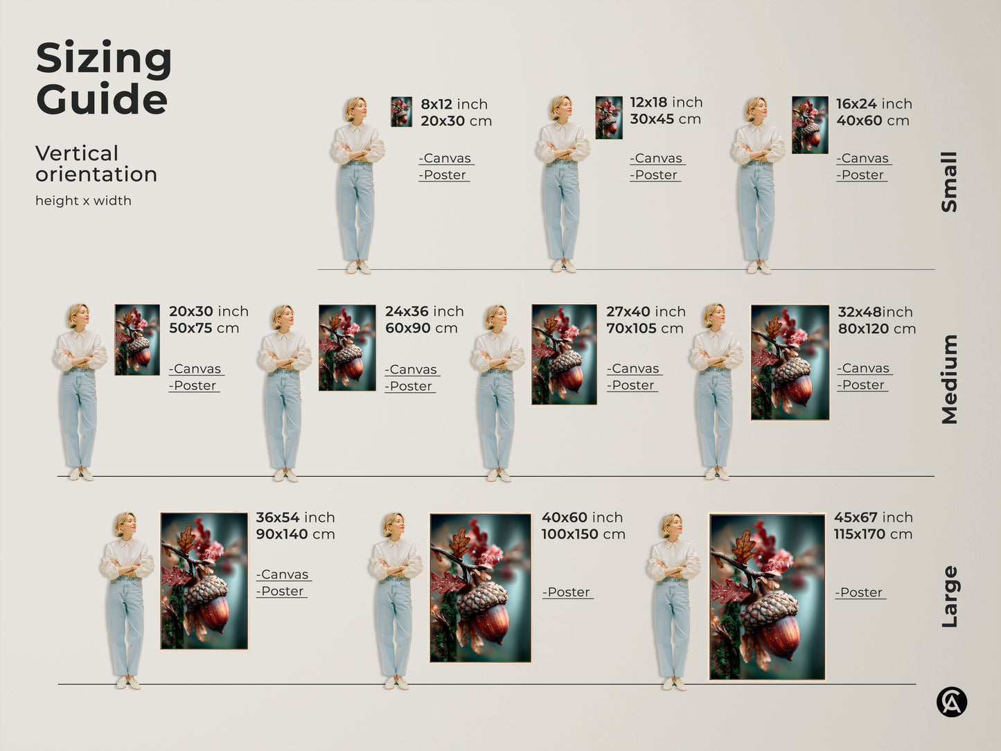 Sizing guide for acorn and leaf artwork. Vertical orientation options are shown. Available in canvas and poster prints. Find the perfect size to fit your wall. Choose from small medium and large prints.