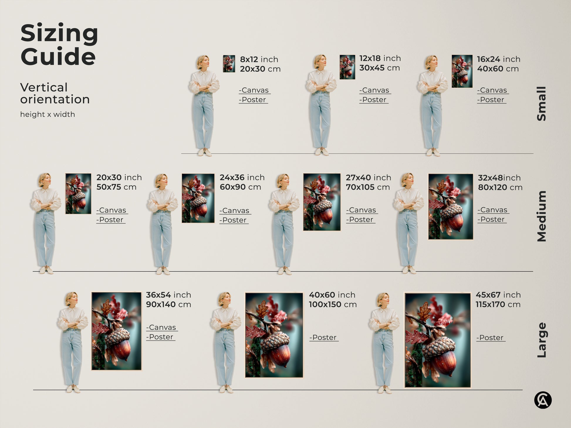Sizing guide for acorn and leaf artwork. Vertical orientation options are shown. Available in canvas and poster prints. Find the perfect size to fit your wall. Choose from small medium and large prints.
