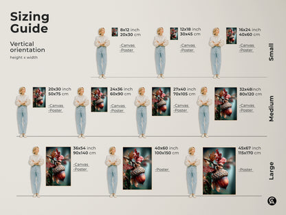 Sizing guide for acorn and leaf artwork. Vertical orientation options are shown. Available in canvas and poster prints. Find the perfect size to fit your wall. Choose from small medium and large prints.