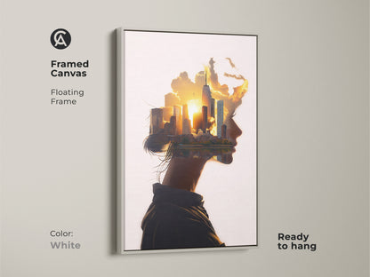 Framed canvas floating frame in white featuring woman profile cityscape art. Abstract surreal wall art is ready to hang. Conceptual urban landscape canvas in orange yellow gold. Contemporary art for modern bedroom wall decor or contemporary office art. A unique housewarming gift.