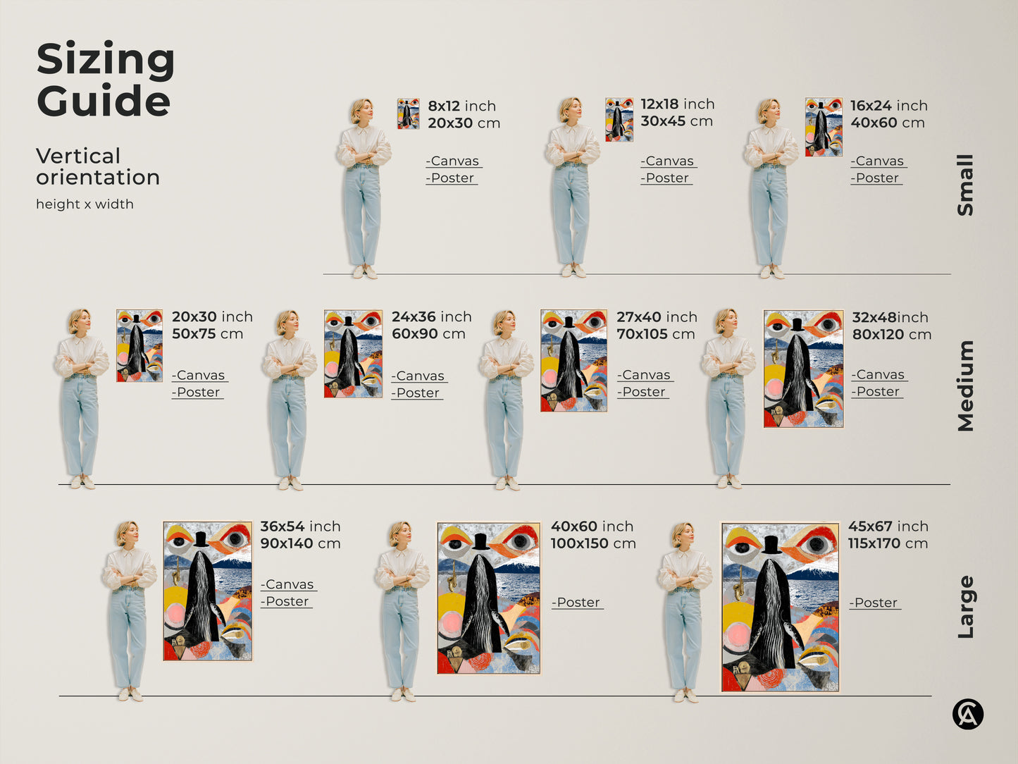 Sizing guide for the vertical surreal whale saxophone artwork. Available as canvas or poster in sizes from small to large. Find the perfect fit for your space and style. Ideal eclectic office decor and a thoughtful gift for music enthusiasts. Enhance your study room office art.