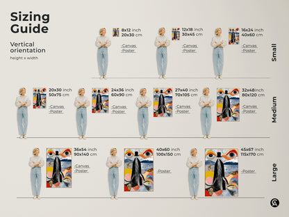 Sizing guide for the vertical surreal whale saxophone artwork. Available as canvas or poster in sizes from small to large. Find the perfect fit for your space and style. Ideal eclectic office decor and a thoughtful gift for music enthusiasts. Enhance your study room office art.