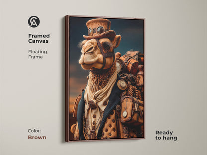 Framed Canvas Steampunk Camel artwork. Brown floating frame enhances the camel with goggles and pocket watches. The Vintage Style Camel Art is ready to hang. Perfect Animal Themed Home Decor.