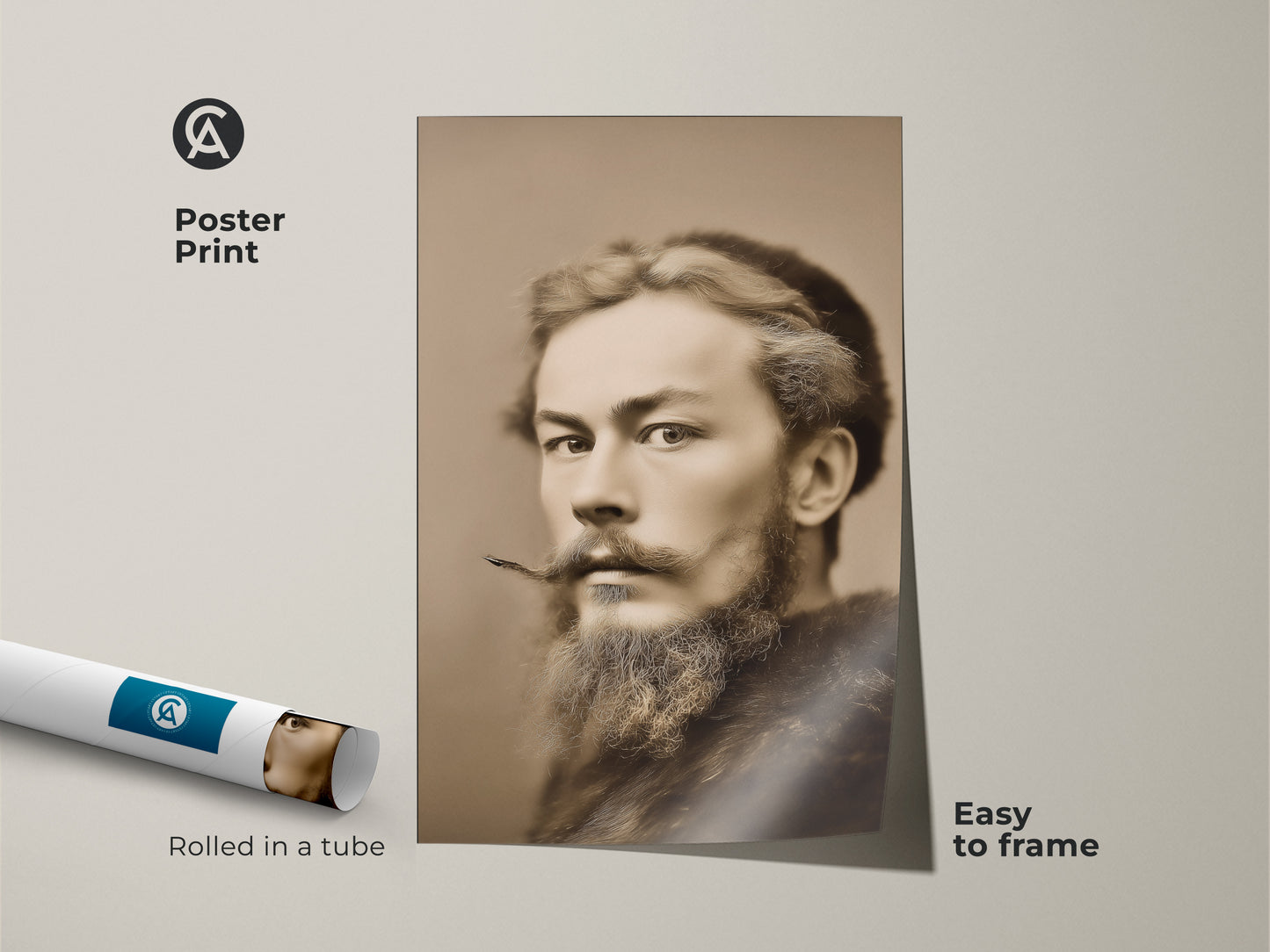 This sepia toned vintage man portrait is rolled in a tube. This bearded gentleman artwork makes a great gift for history buffs. It's easy to frame this art print.