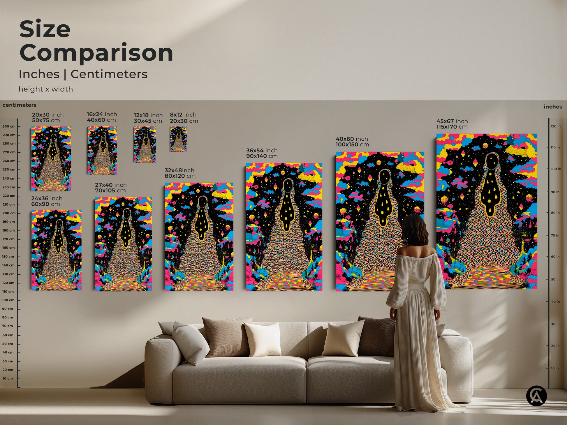 See a size comparison of psychedelic wall art. Sizes range from small 8x12 inches to large 45x67 inches.  The abstract landscape print features surreal cosmic art. This colorful figure art elevates any eclectic home decor. The yellow blue and black canvas creates a unique vibrant cosmic art print. Perfect for any room.