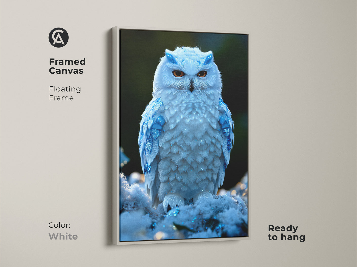 Discover the ethereal beauty of this winter owl artwork on a framed canvas. The floating frame is white. This eclectic home decor piece adds a touch of winter magic to any space. It's perfect blue feather art.