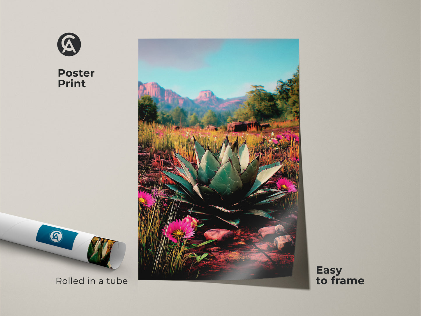 This poster print features an agave plant art. Easy to frame southwestern style art. It is rolled in a tube for protection. The desert botanical canvas adds color to any room. Ideal nature lovers gift or housewarming present. It brings the beauty of nature indoors.