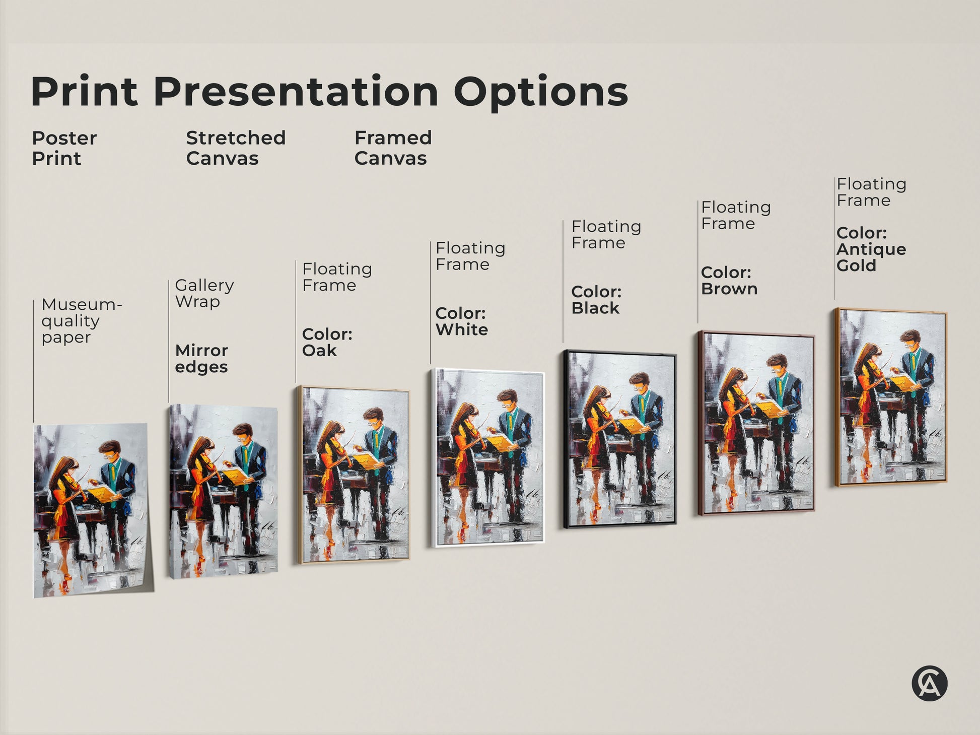 Explore print options for this violin and piano artwork. Options include poster prints stretched canvas and framed canvas. Select the perfect contemporary music art presentation.