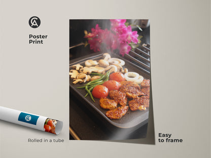 Poster print of grilling food wall art is easy to frame. This kitchen canvas print is modern home decor. It is ideal as modern food art and as a foodie gift. A home cook present idea with housewarming gift art. Realistic cooking art is a vibrant still life food print.