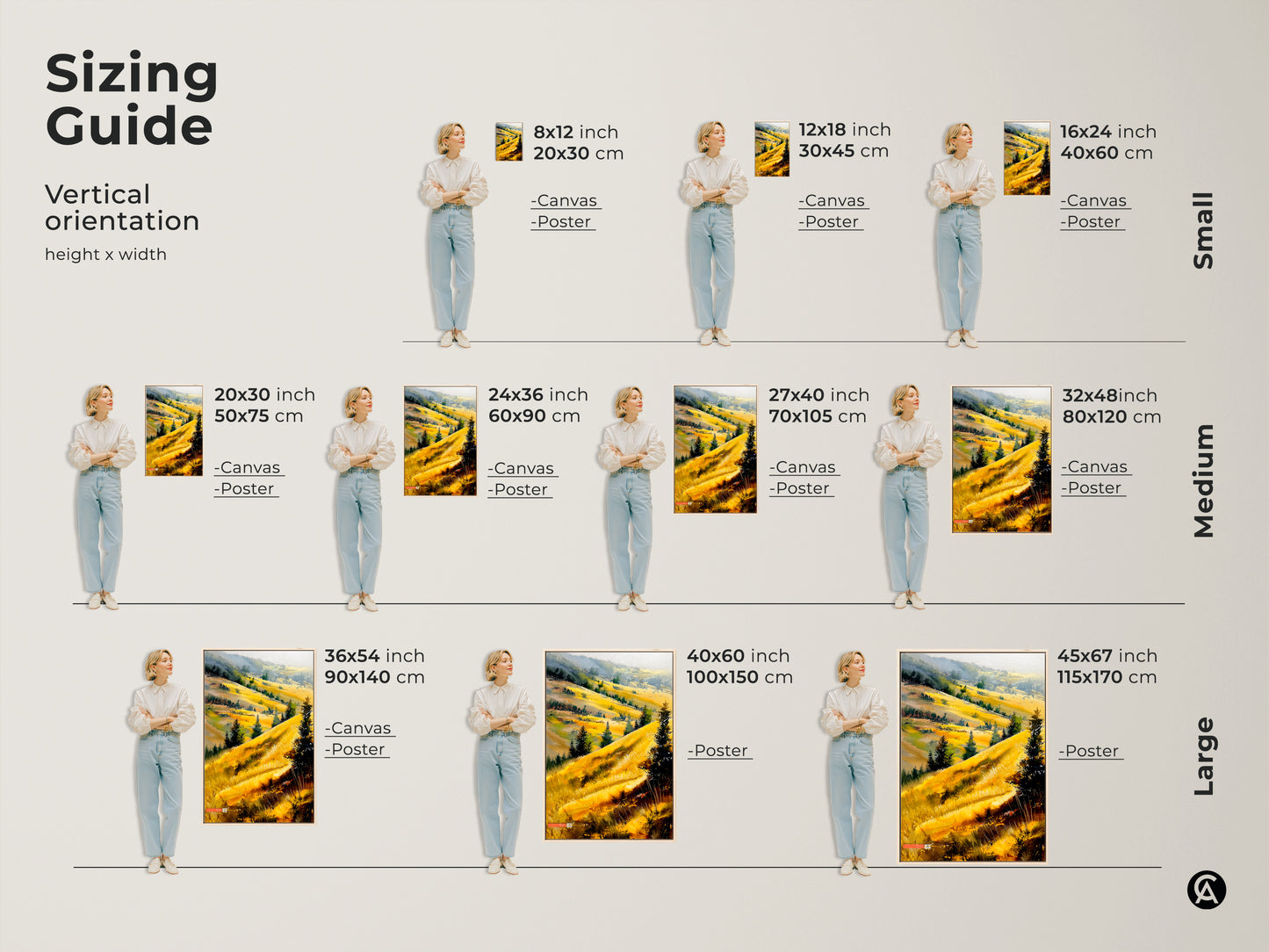 Sizing guide for vertical golden hills art. Canvas and poster options in various sizes. Find the perfect fit for your space. From small to large sizes. Enhance your modern farmhouse bedroom decor.