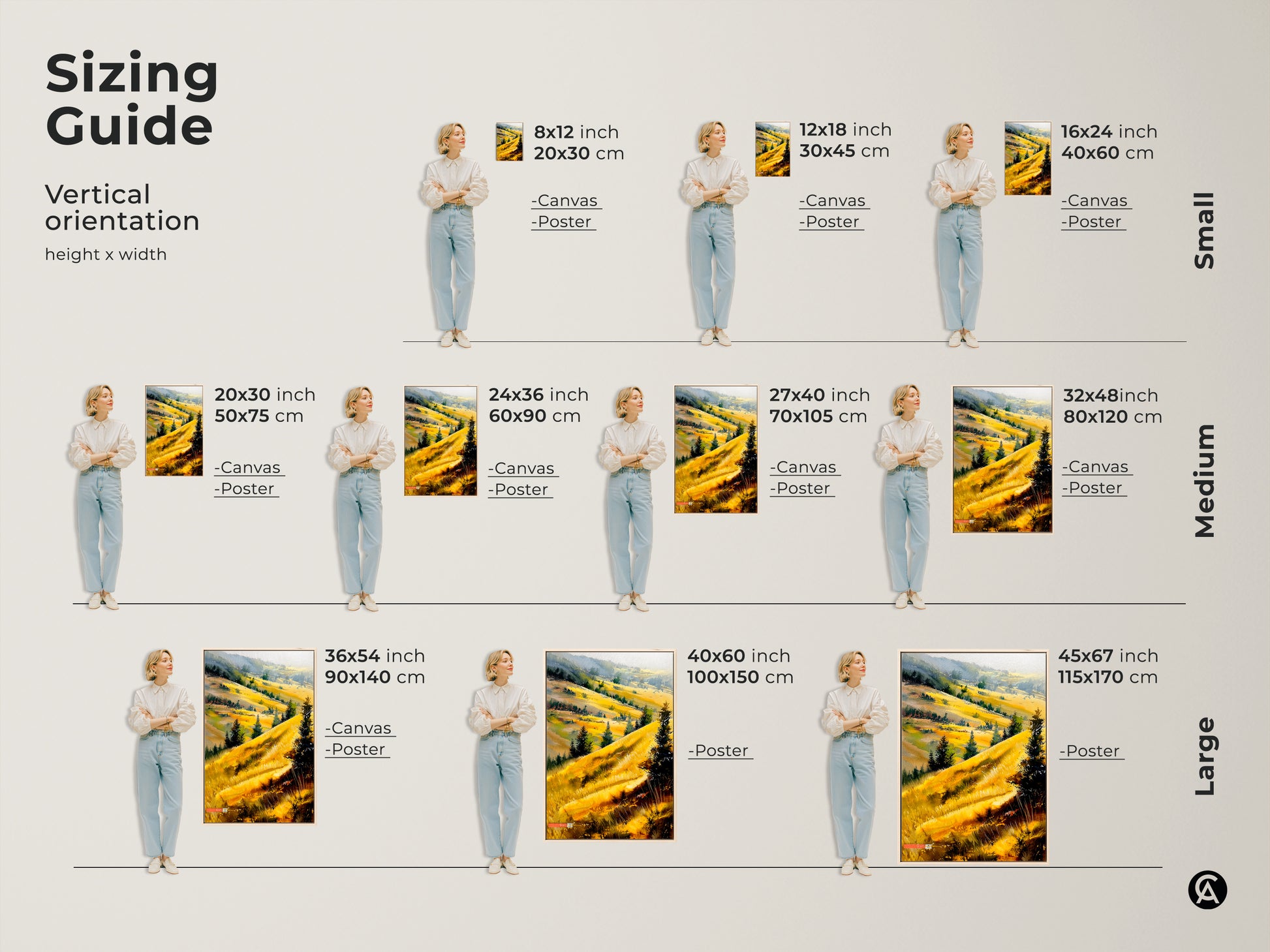Sizing guide for vertical golden hills art. Canvas and poster options in various sizes. Find the perfect fit for your space. From small to large sizes. Enhance your modern farmhouse bedroom decor.