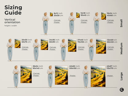 Sizing guide for vertical golden hills art. Canvas and poster options in various sizes. Find the perfect fit for your space. From small to large sizes. Enhance your modern farmhouse bedroom decor.