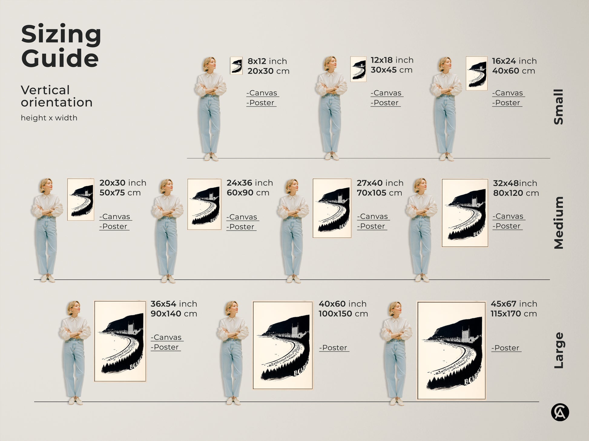 Sizing guide for vintage coastal town artwork. See canvas and poster print sizes. A minimalist seaside art for travel lovers. The black and white graphic artwork is great for the bedroom.