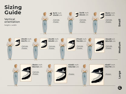 Sizing guide for vintage coastal town artwork. See canvas and poster print sizes. A minimalist seaside art for travel lovers. The black and white graphic artwork is great for the bedroom.