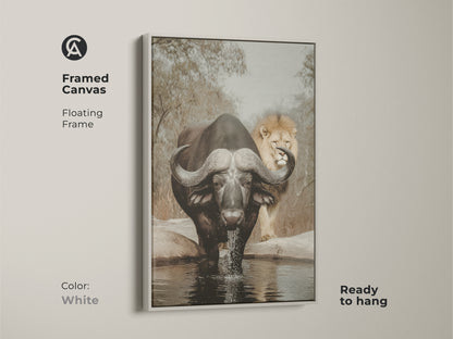 Framed canvas of an African buffalo and lion in sepia tones. The white floating frame accentuates this wildlife art. It's ready to hang. This earthy tones nature print is perfect for a home office wildlife decor. It brings a natural touch.