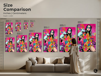 A size comparison shows the dimensions of the psychedelic pop art print. This retro artwork features a woman with cats. It is perfect for adding a pop of color to a living room. Sizes range from small to extra large.