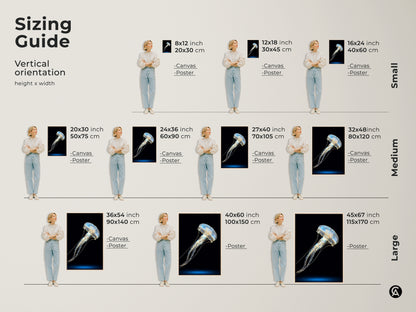 Sizing guide for vertical abstract jellyfish art. See canvas and poster options in small medium and large sizes. Visualize how the artwork fits your space. Choose the perfect scale for your ocean theme wall decor.