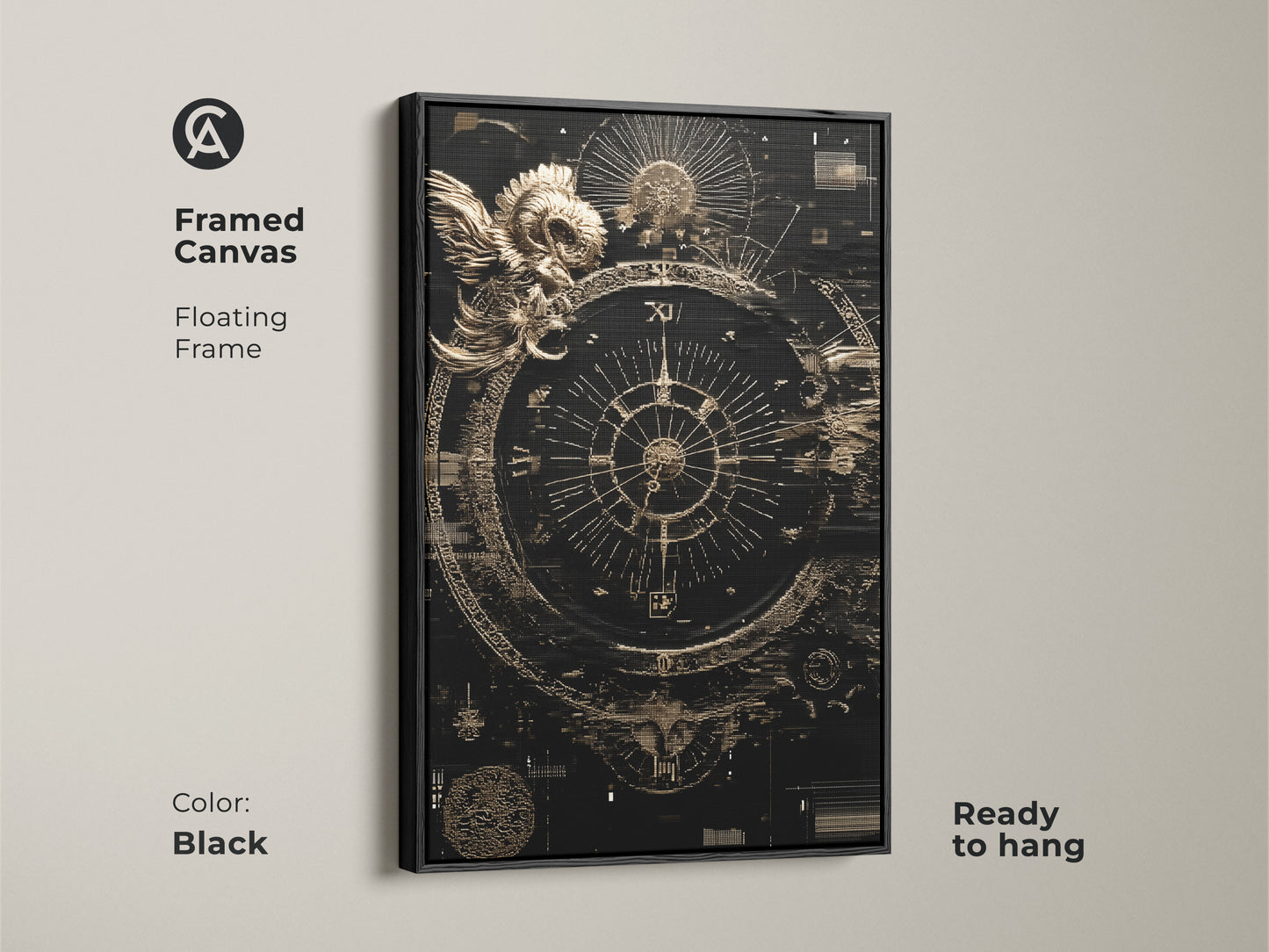 Framed Canvas Art of a Black Ram Compass Abstract. Featuring Esoteric Steampunk Astrology wall decor this print is ready to hang. Perfect for a unique office art or study room.