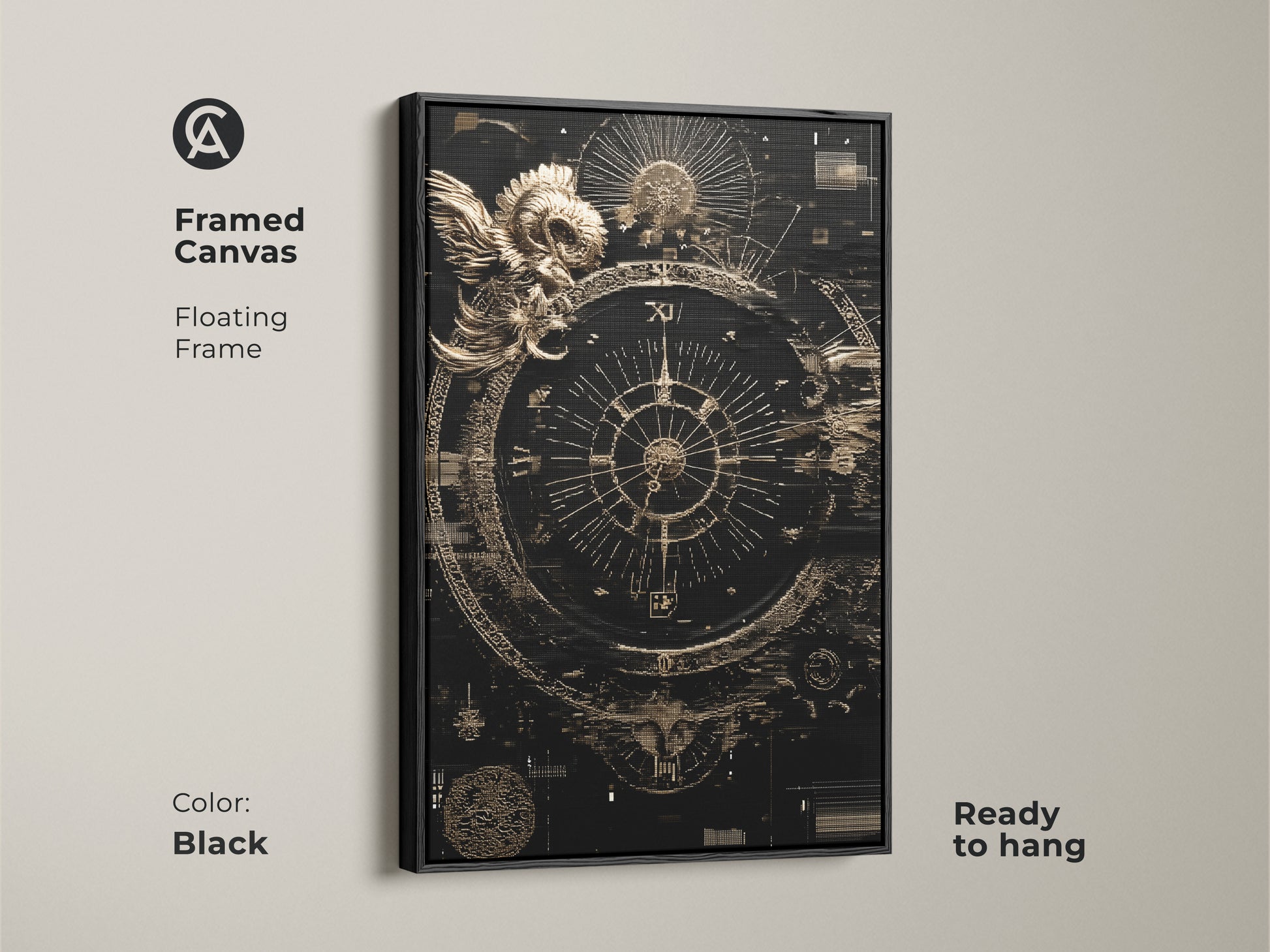 Framed Canvas Art of a Black Ram Compass Abstract. Featuring Esoteric Steampunk Astrology wall decor this print is ready to hang. Perfect for a unique office art or study room.