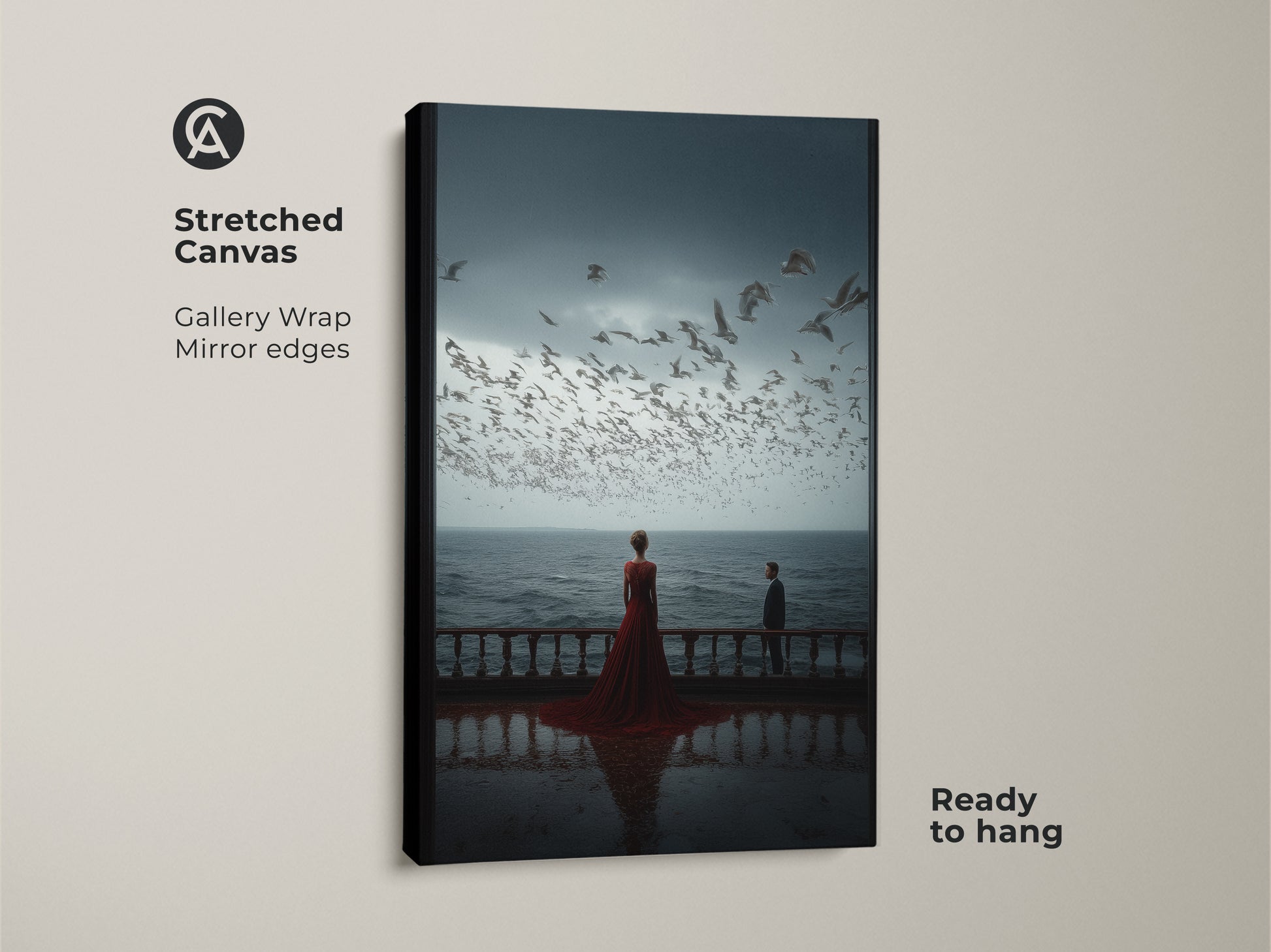 A stretched canvas displays romantic couple art ready to hang. The gallery wrap features mirror edges. This contemporary coastal artwork shows a couple gazing at seagulls. It's ideal as an anniversary gift for a wife or husband. This surreal cinematic canvas print adds elegance to any space.