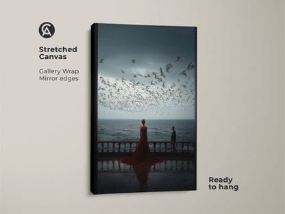 A stretched canvas displays romantic couple art ready to hang. The gallery wrap features mirror edges. This contemporary coastal artwork shows a couple gazing at seagulls. It's ideal as an anniversary gift for a wife or husband. This surreal cinematic canvas print adds elegance to any space.